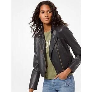 MICHAEL KORS, Black Leather Moto Leather Jacket Size Medium